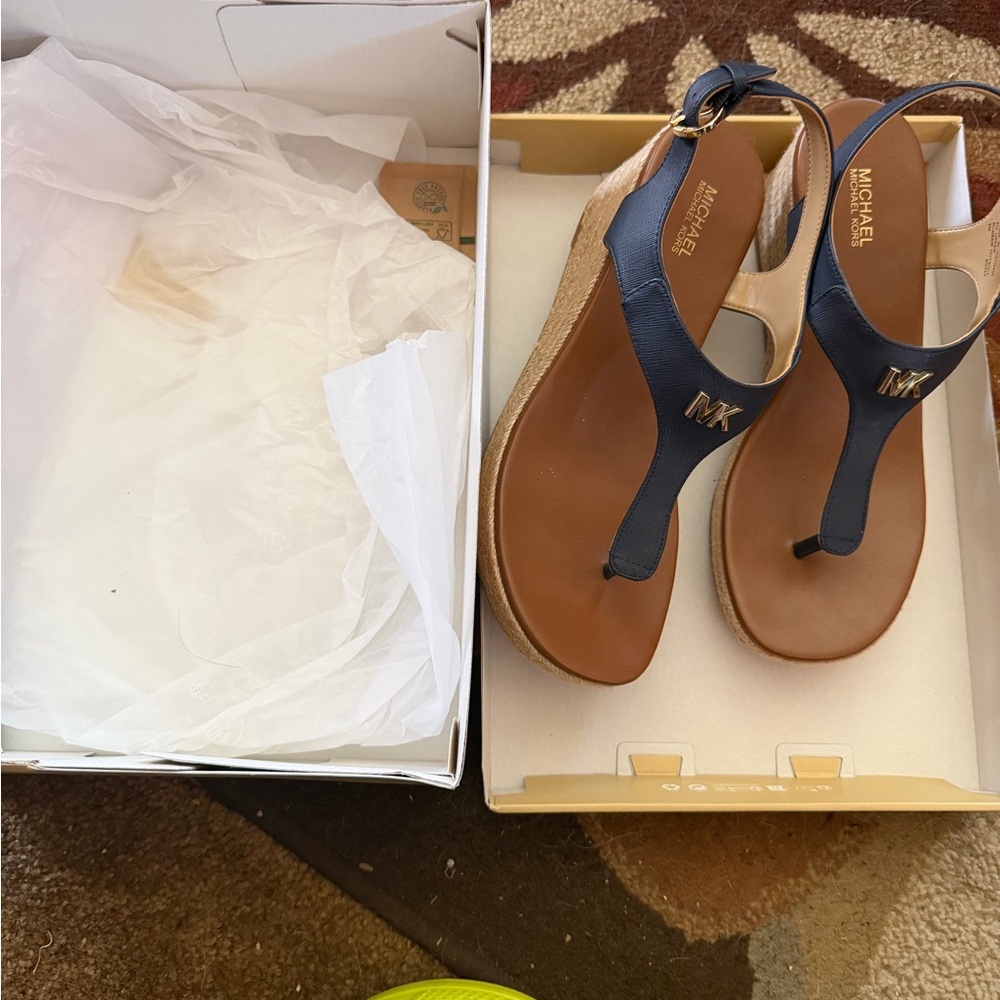Michael Kors Navy and Brown Leather T-Strap Wedge Sandals